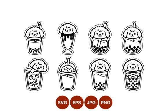 Bubble Tea Cups with Dog Faces Black and