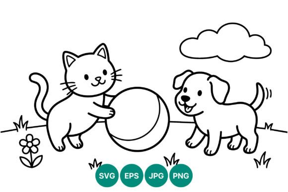 Cat and Dog Playing with Ball Line Art