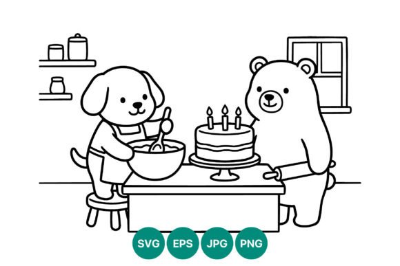 Cute Dog and Bear Baking Birthday Cake