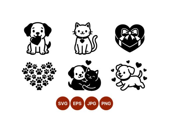 Cute Dog and Cat Heart Line Art Vector