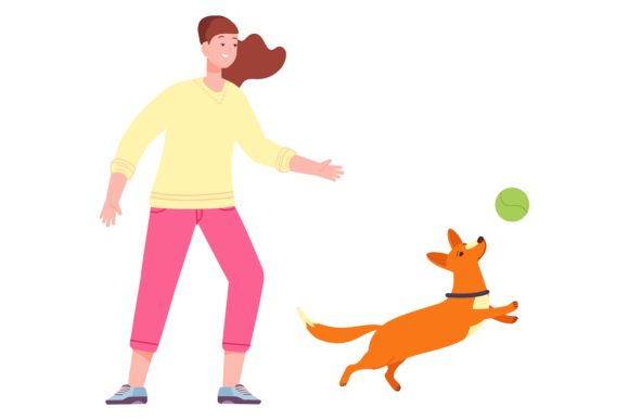 Dog Ball Game Young Woman Play with Pet