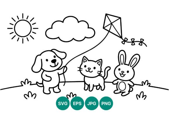 Dog Cat Rabbit Kite Flying Line Art