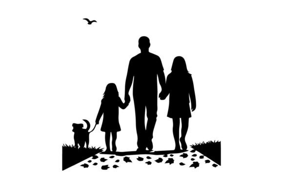 Family Walking Dog Autumn Leaves Vector Review