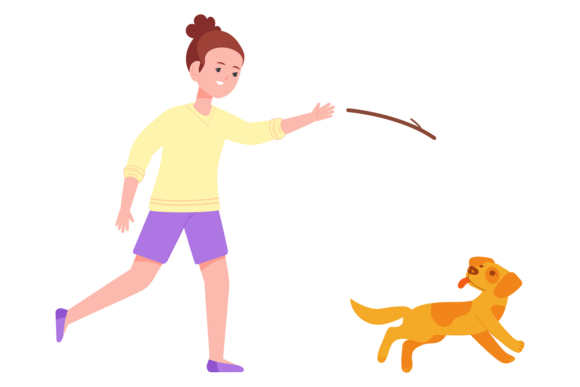Kid Throw Stick to Dog. Girl Play with P
